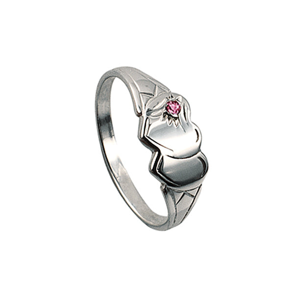 Sterling Silver Double Heart Signet Ring with Pink CZ