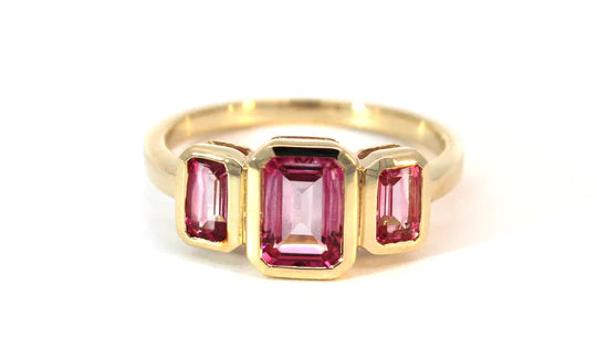 9ct Yellow Gold Emerald Cut Pink Topaz Rubover ring