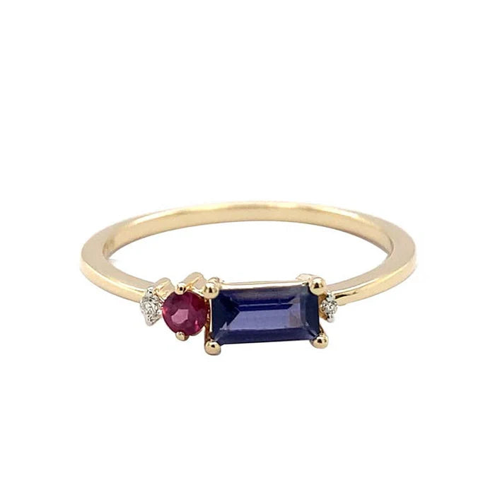 9K Yellow Gold Iolite, Rhodolite Garnet & Diamond Ring