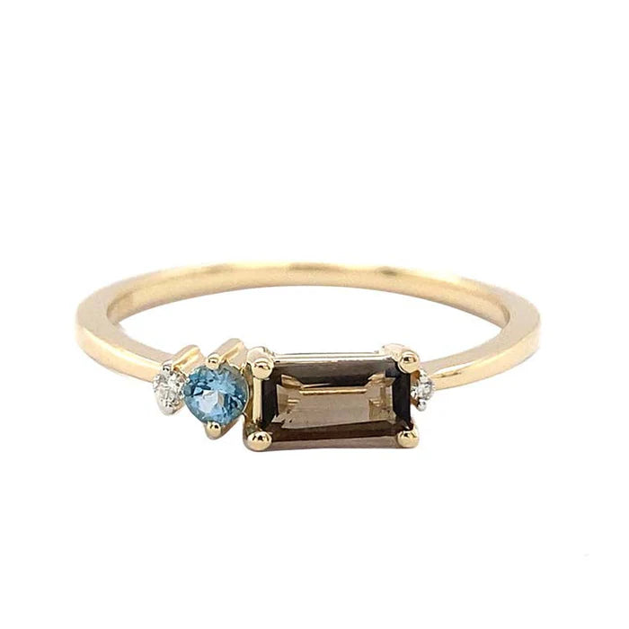 9K Yellow Gold Smoky Quartz, Blue Topaz & Diamond Ring