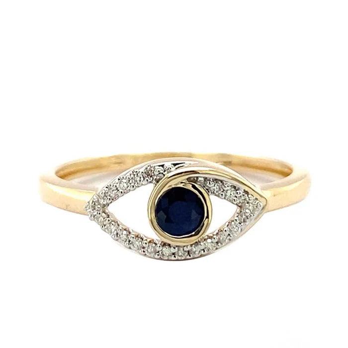 9K Yellow Gold Sapphire & Diamond "Evil Eye" Ring