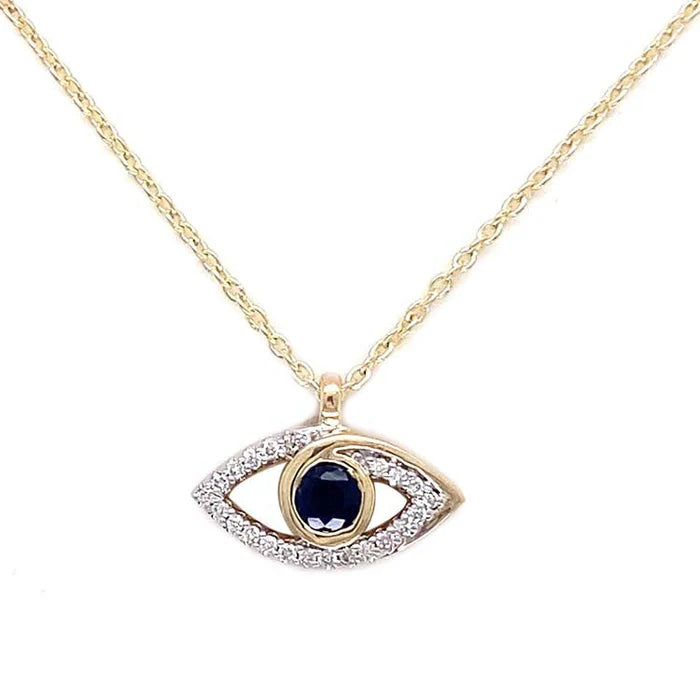 9K YG Sapphire & Diamond Evil Eye Necklace