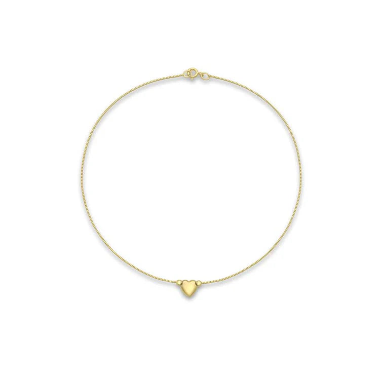 9K Yellow Gold Box Chain Anklet with Heart