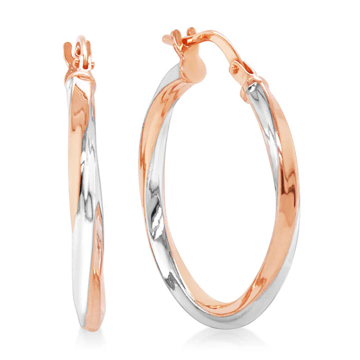 9ct Rose Gold & Silver Twist Hoop Earrings