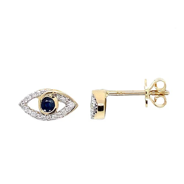 9K Yellow Gold Diamond and Sapphire "Evil Eye" Studs