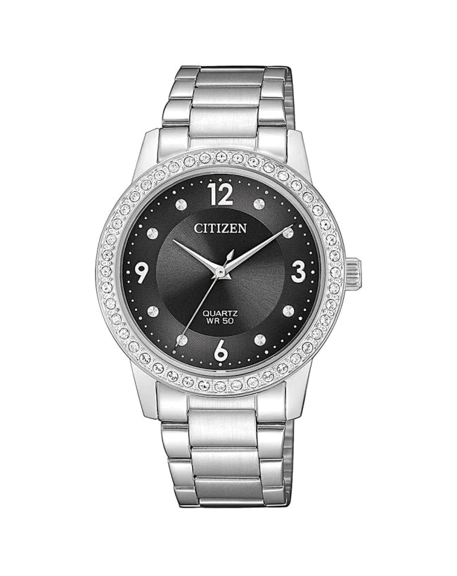 Ladies Black & Silver Citizen Watch with Crystals