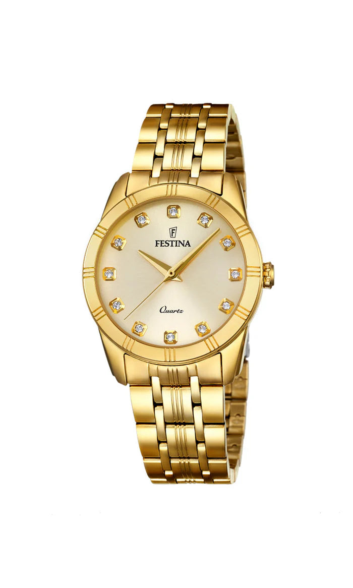 Ladies Boyfriend Style Gold Watch with Crystal Markers