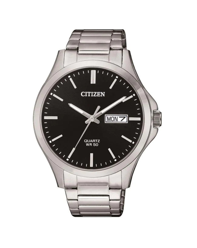 Gents Silver Quartz Watch with Black Dial