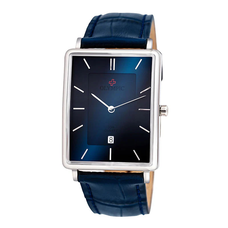 Olympic Rectangle Series - Gents Steel with Blue Leather Strap