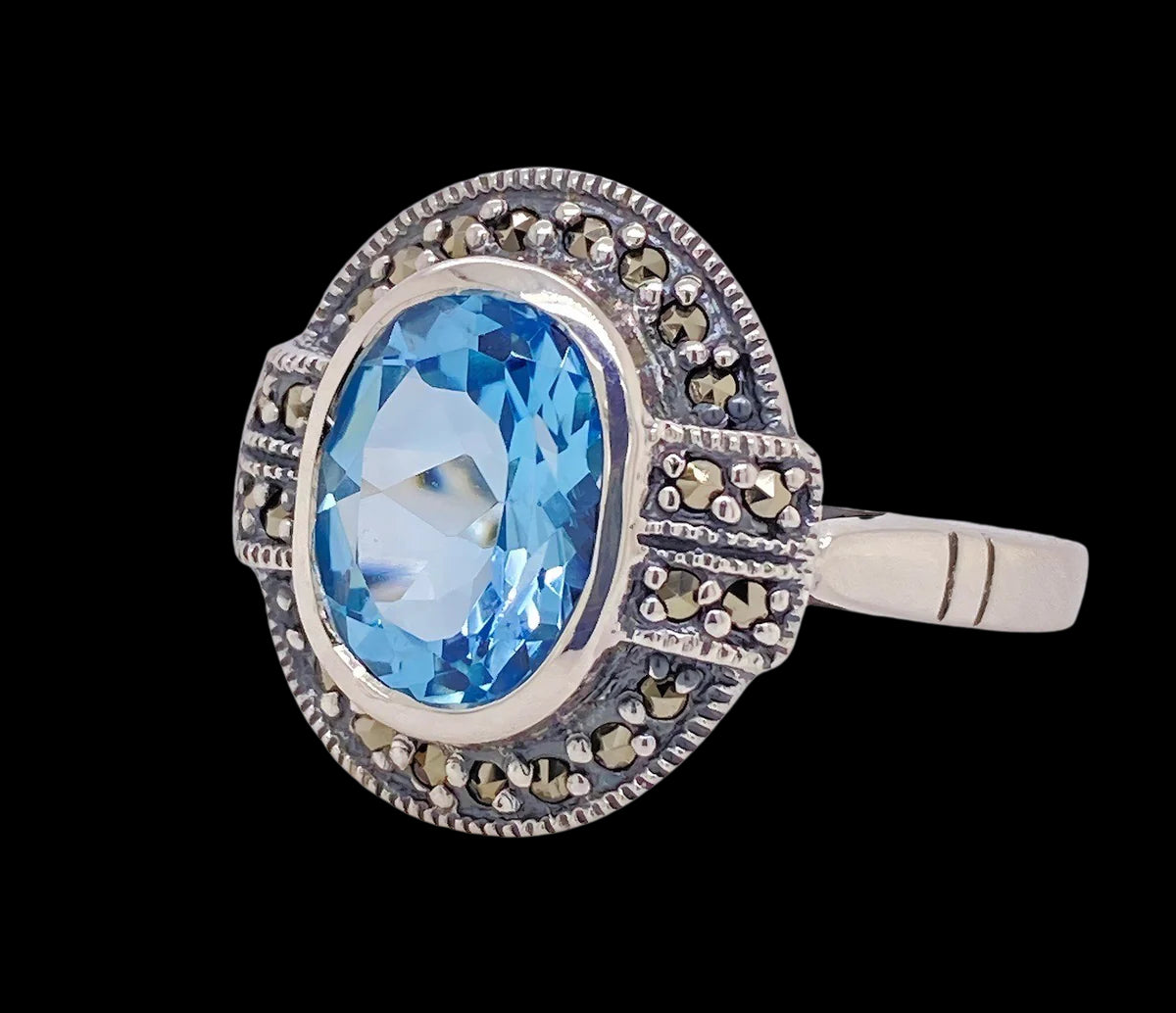 Sterling Silver Blue Topaz Marcasite Ring