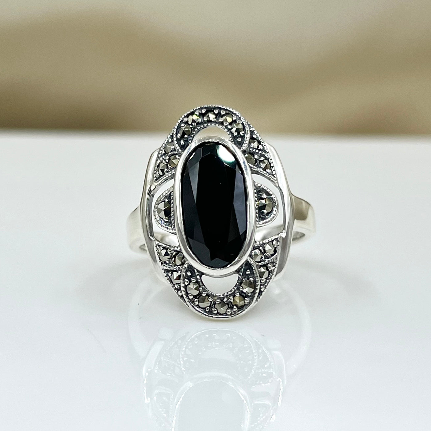 Sterling Silver Art Deco Style Black Onyx Ring