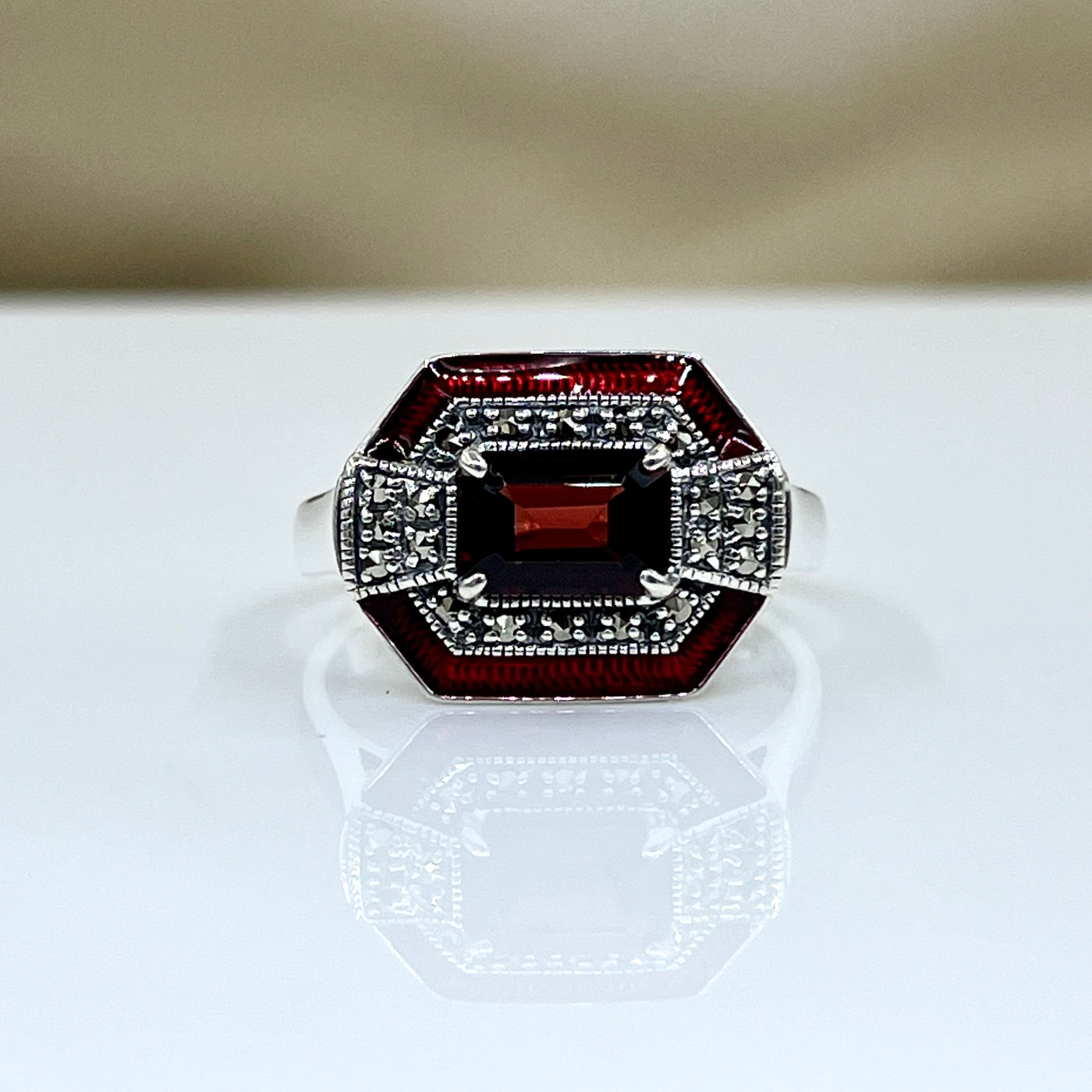 Sterling Silver Art Deco Style Garnet Ring