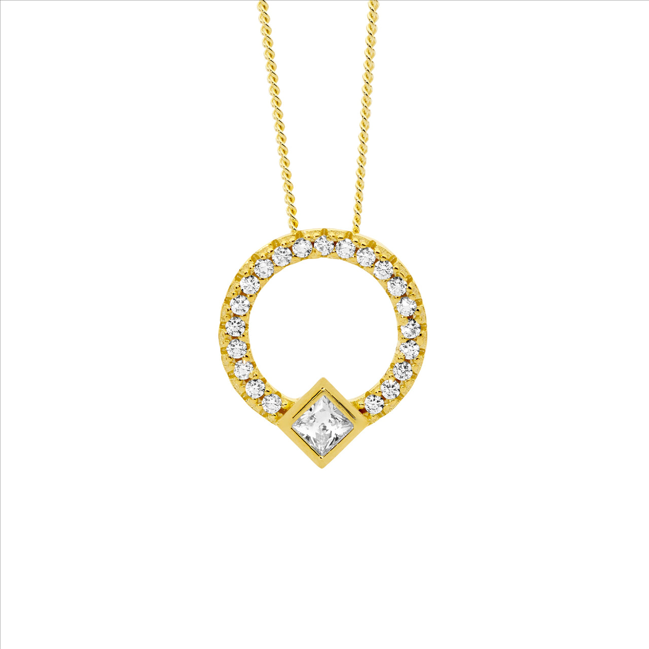 Open Circle Gold Plate Necklace with Princess Cut Cubic Zirconia