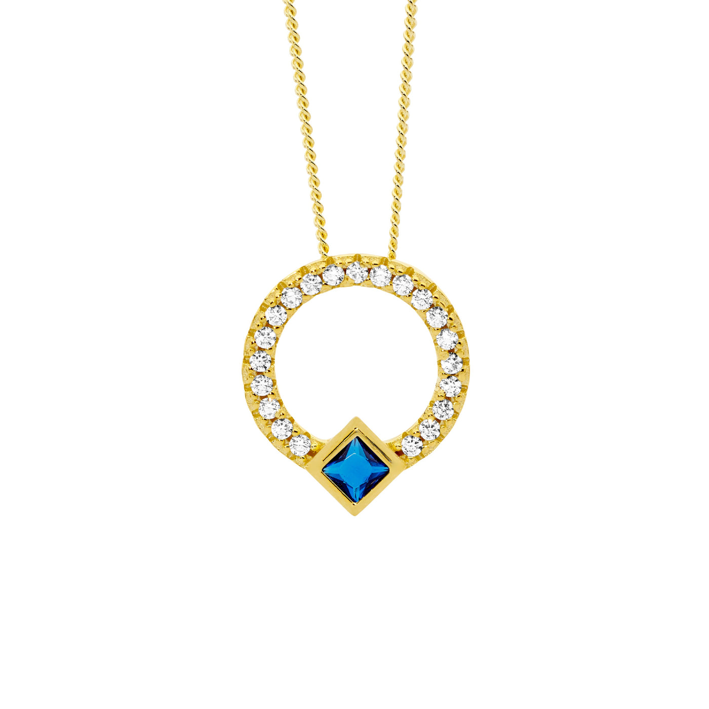 Sterling Silver Gold Plate Circle Necklace With Blue CZ