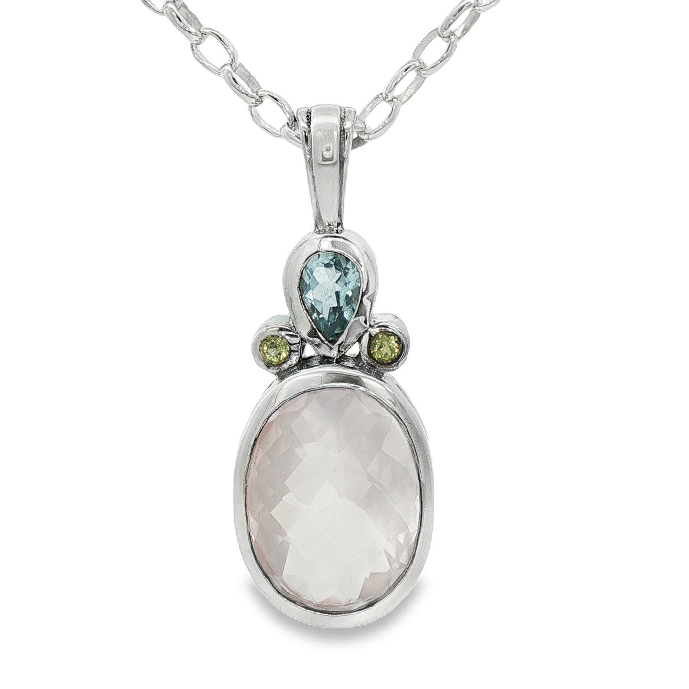 Sterling Silver Rose Quartz Necklace with Blue Topaz & Peridot