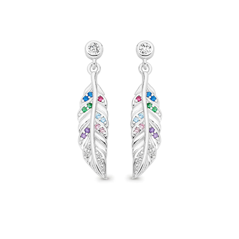 Sterling Silver Multi Colour CZ Feather Drop Earrings
