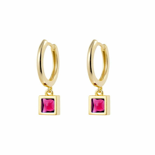 Sterling Silver Gold Plated Huggie Earrings with Ruby Pink CZ Drop