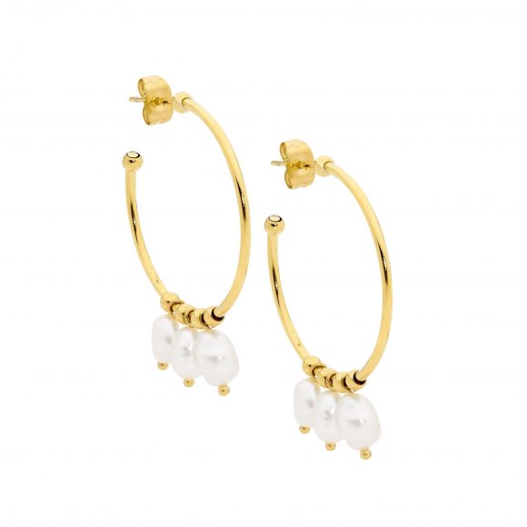 Gold Plate Hoops with White Freshwater Pearls