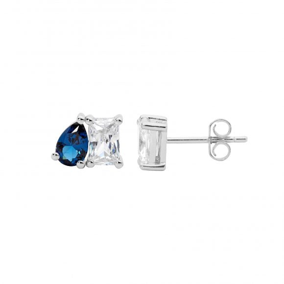 Sterling Silver London Blue Topaz & CZ Toi et Moi Style Studs