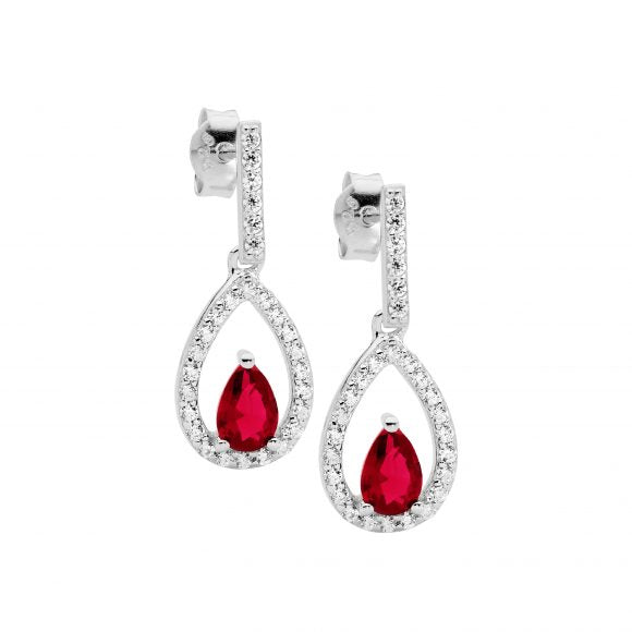 Sterling Silver Red Cubic Zirconia Drop Earrings