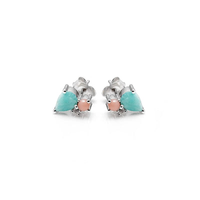 Sterling Silver Bloom Stud Earrings / Amazonite, Rose Quartz + Pink Opal