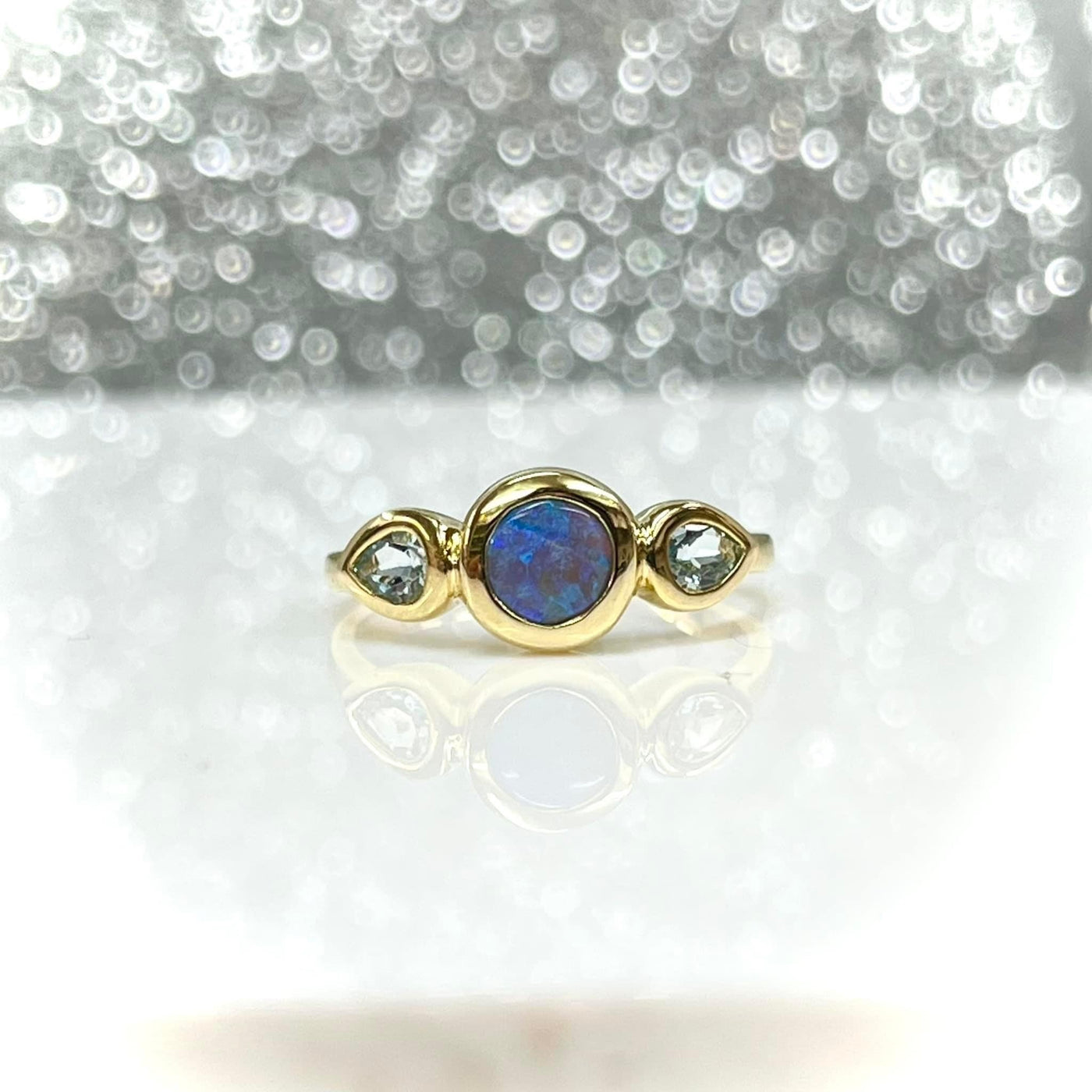 9ct Yellow Gold Opal Ring with Aquamarine