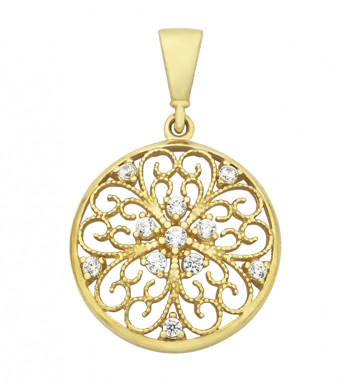 9ct Yellow Gold Lace Filagree Pendant with CZ
