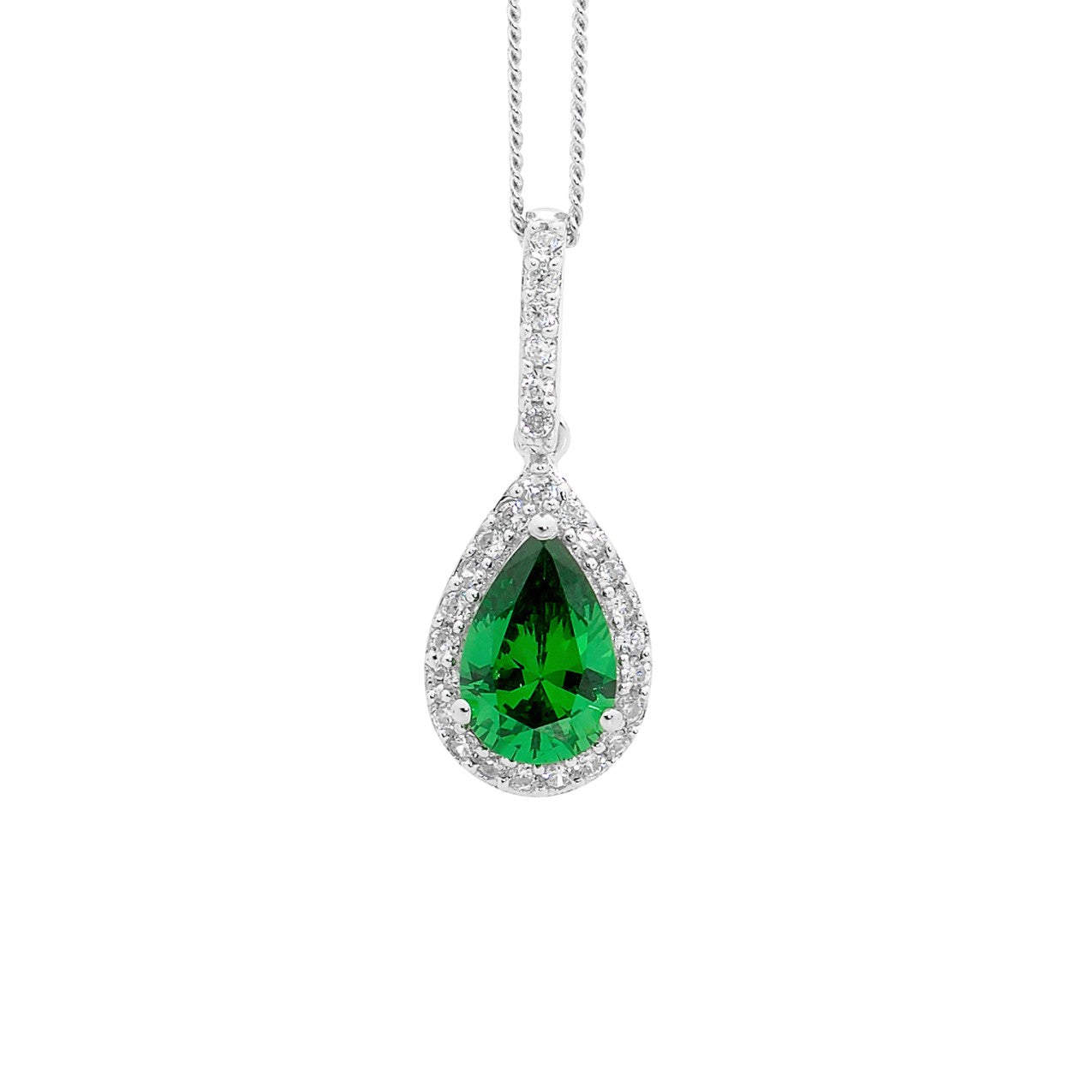 Sterling Silver Green Pear Shape CZ Necklace