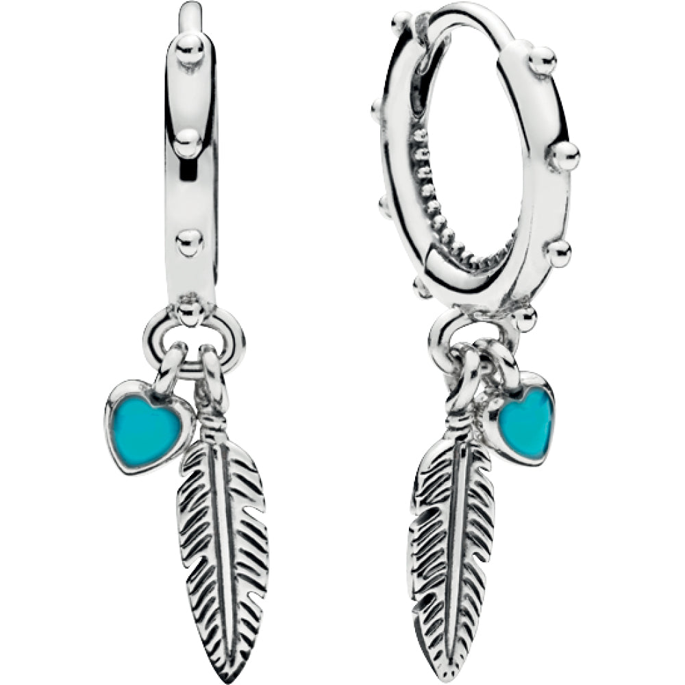 Turquoise Hearts & Feather Hoop Earrings