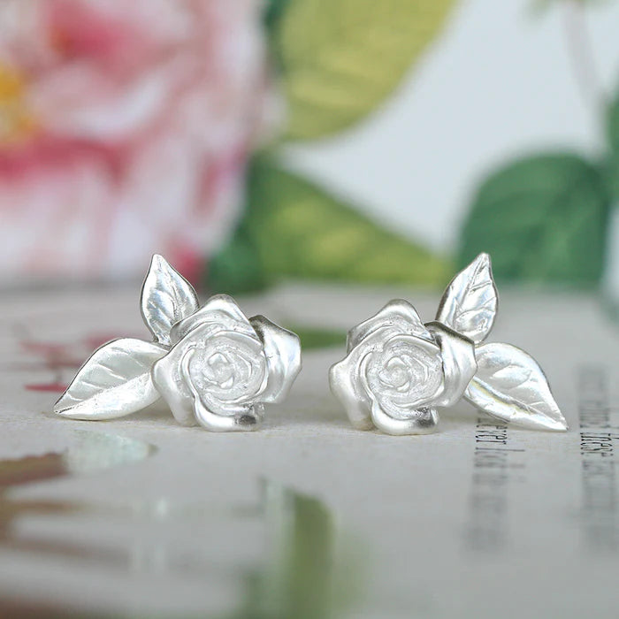 Silver Rose Earrings With Leaves