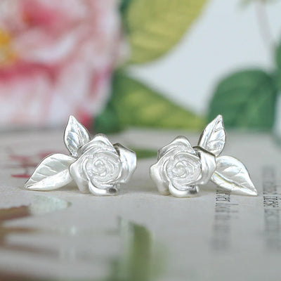 Silver Rose Earrings With Leaves